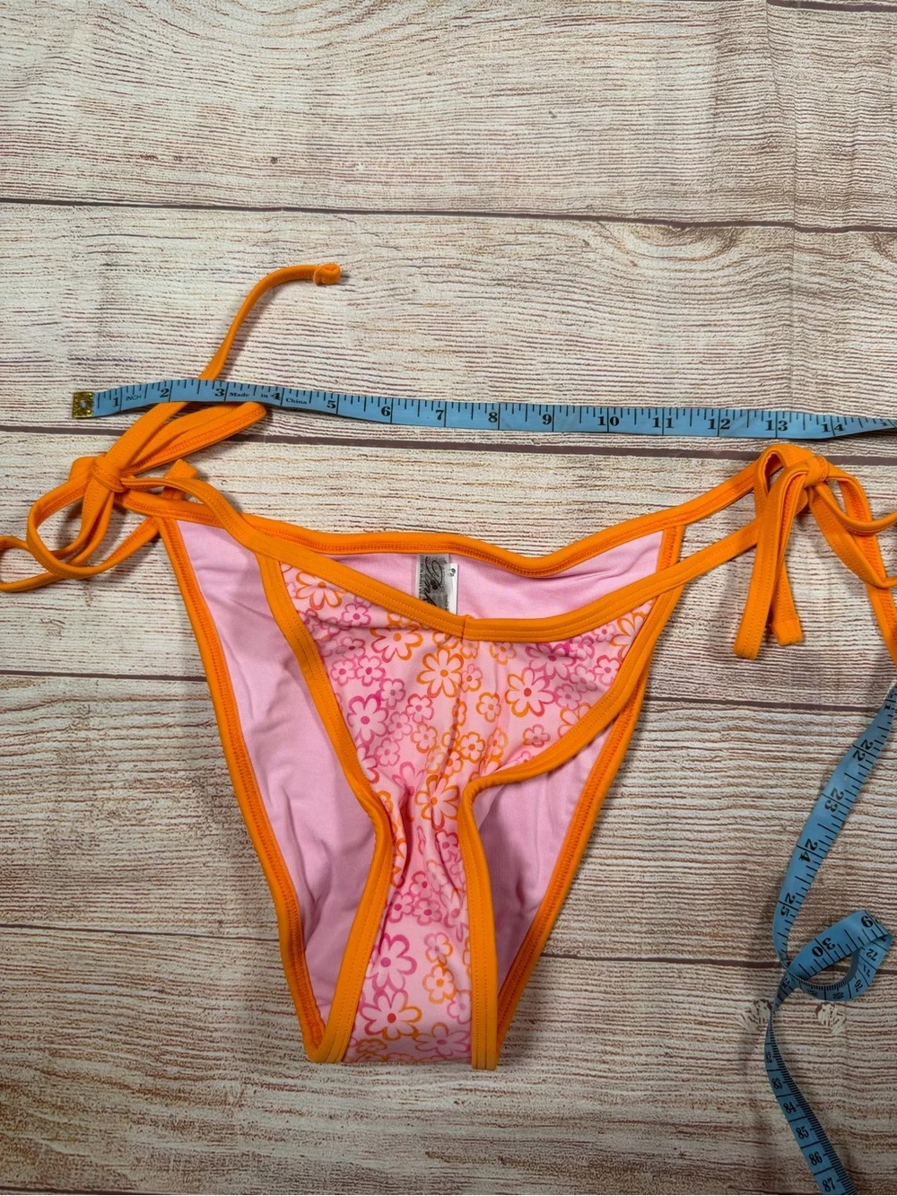 Frankie's Bikinis Pink Floral & Orange Trim Tie-Side Cheeky Bikini Bottom